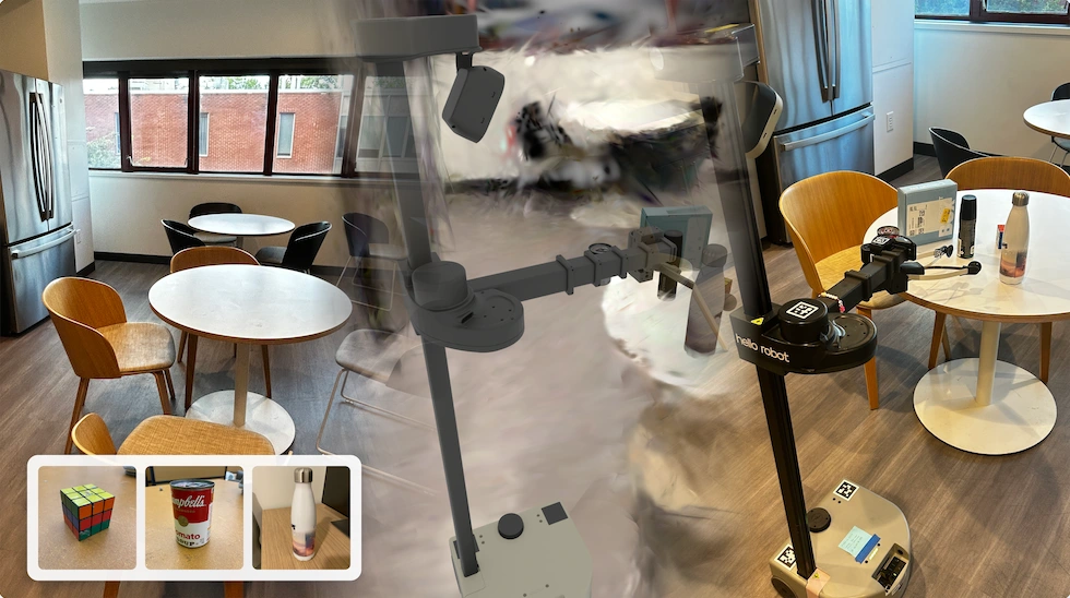 A captured indoor lounge flows into a Gaussian-splat simulation of Stretch, then the real robot picking up a personalized object in the same scene.